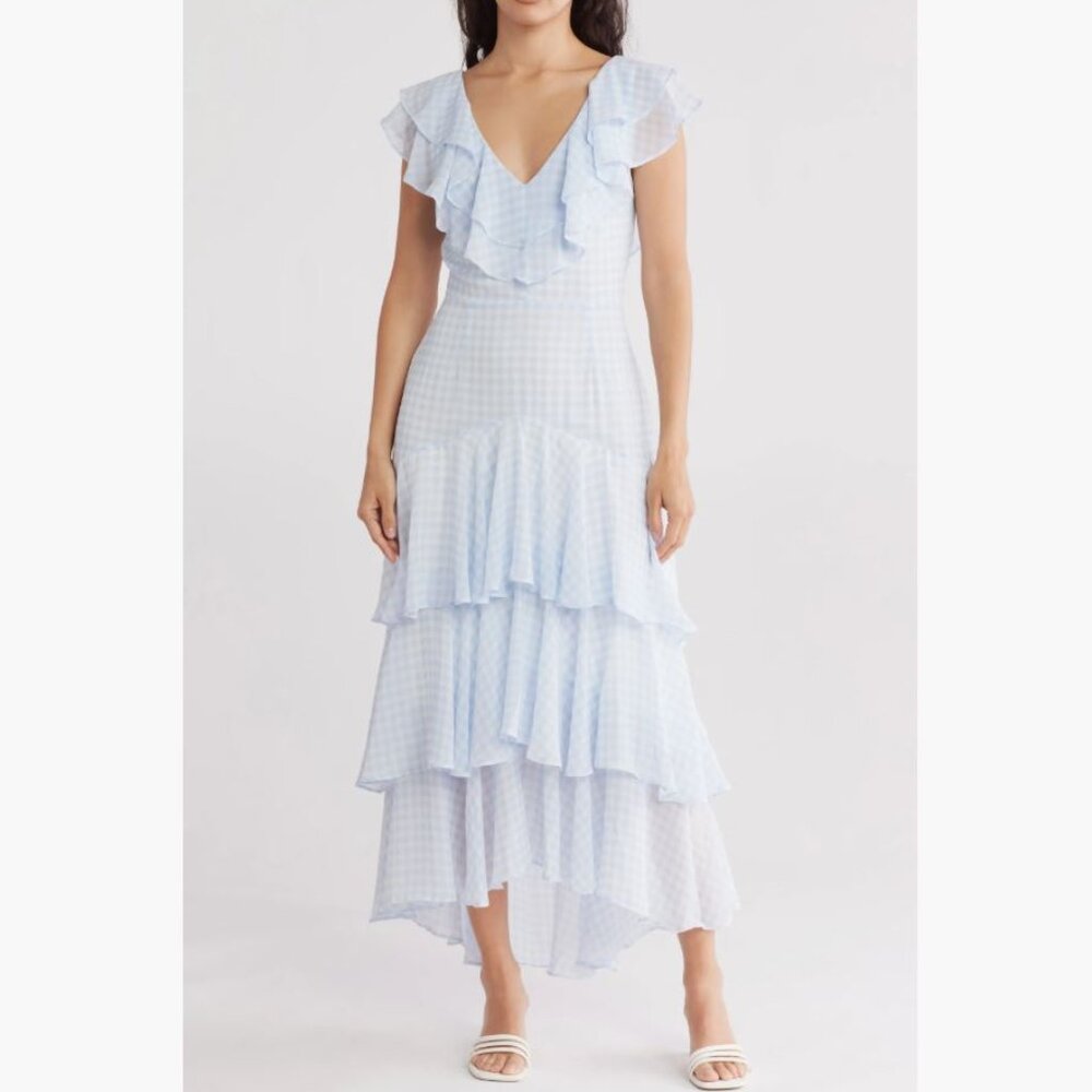 Baby Blue/white Gingham Ruffle Tiered chiffone Dress WAYF midi high-low new S Sm